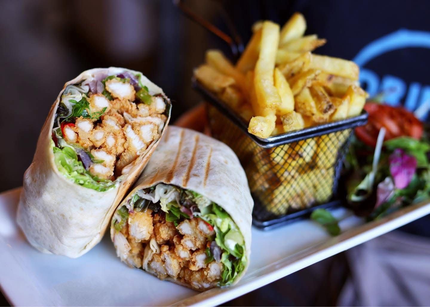 Chicken wrap with fries and salad lunch at DRINC Ramsbottom