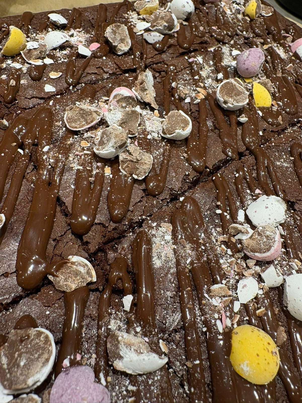 Homemade chocolate brownie with mini eggs at DRINC Coffee Bar Ramsbottom