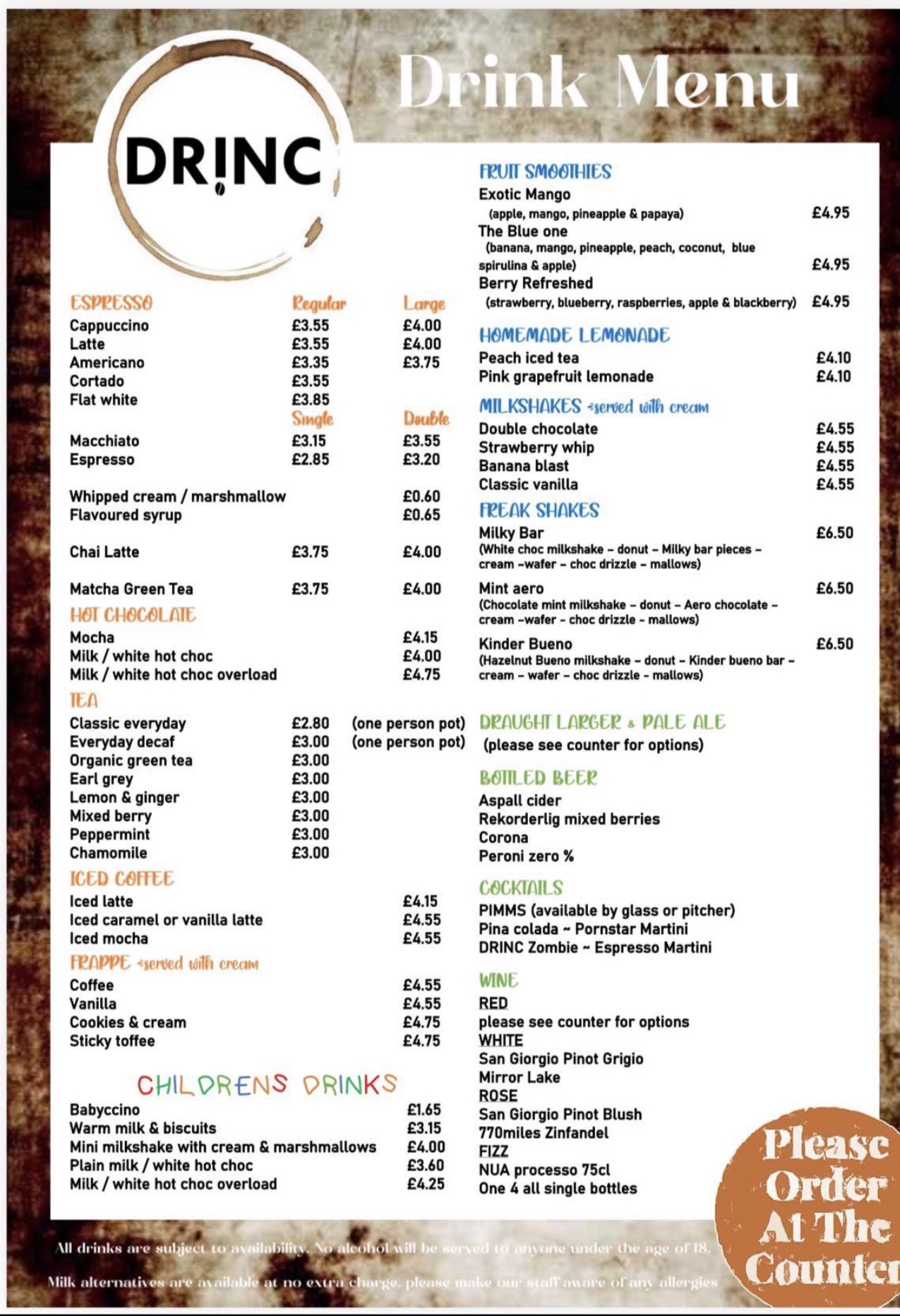 DRINC Coffee Bar Ramsbottom full drinks menu - espresso, hot chocolate, tea, frappes, smoothies, milkshakes, freakshakes, cocktails, wine and beer
