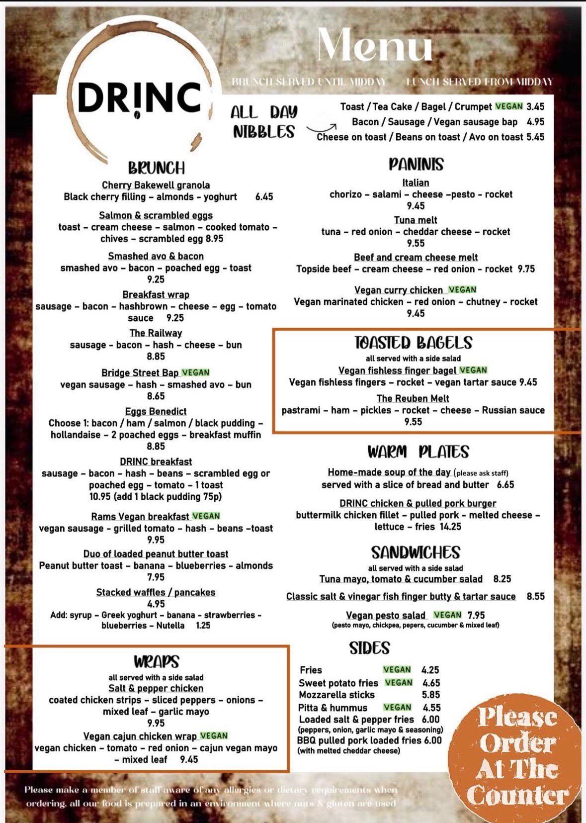 DRINC Coffee Bar Ramsbottom full menu - brunch, lunch, paninis, wraps, bagels, sides and more